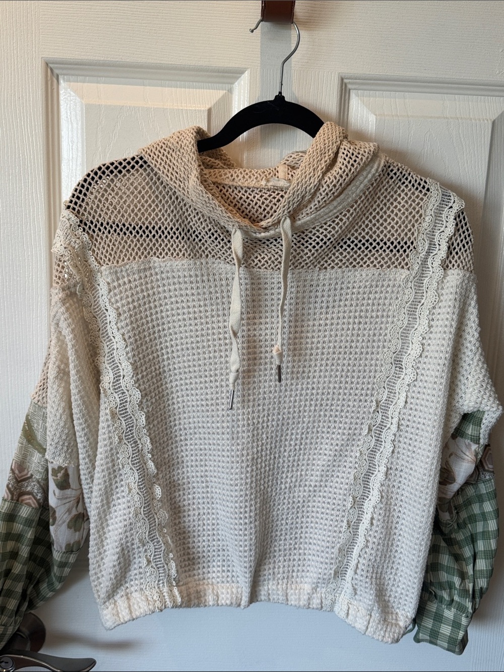 Miss Me Cream Crochet Hoodie with Green Plaid & Floral Sleeves